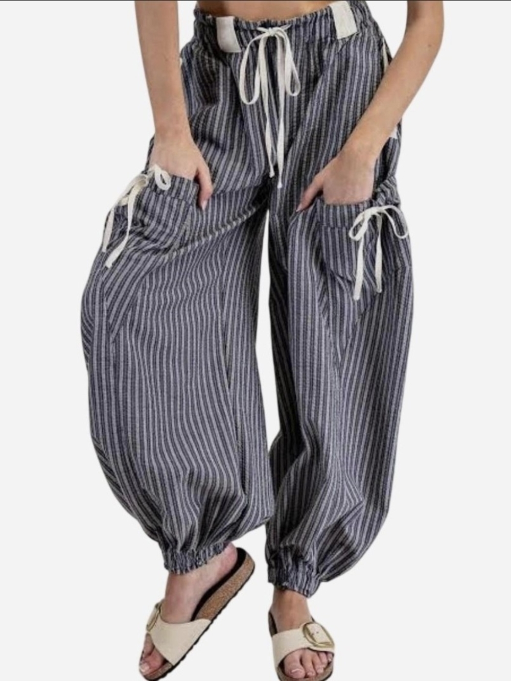 Boutique 9 Navy and White Striped Drawstring Harem Pants